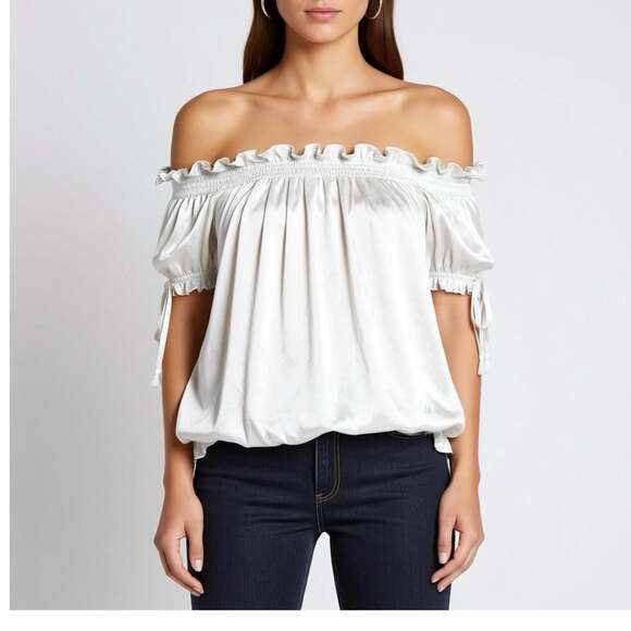 American Rag Women's Off-The-Shoulder Ruffle Smocked Peasant Blouse White Size M - Picture 5 of 5